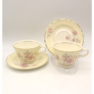 Edwin M Knowles Vitreous Pink Roses 45-3 USA 2 Sets Cup and Saucer